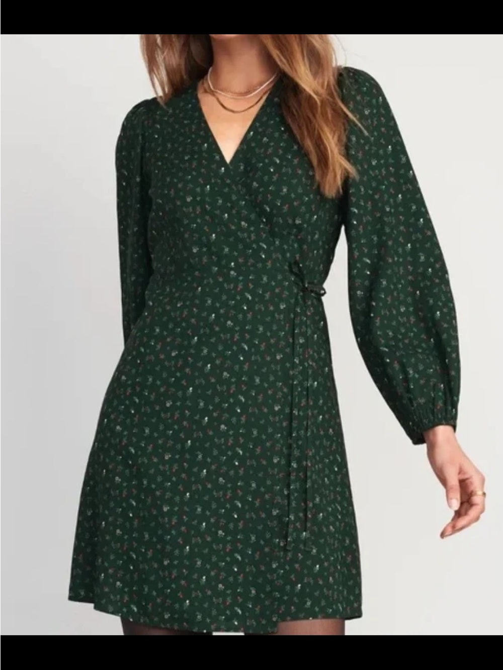 Old Navy Puff Sleeve Long Sleeve Wrap Dress Green Holiday Pattern XL